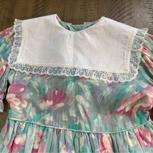 vintage girls dress size 10/12 handmade floral, green cotton lace church costume